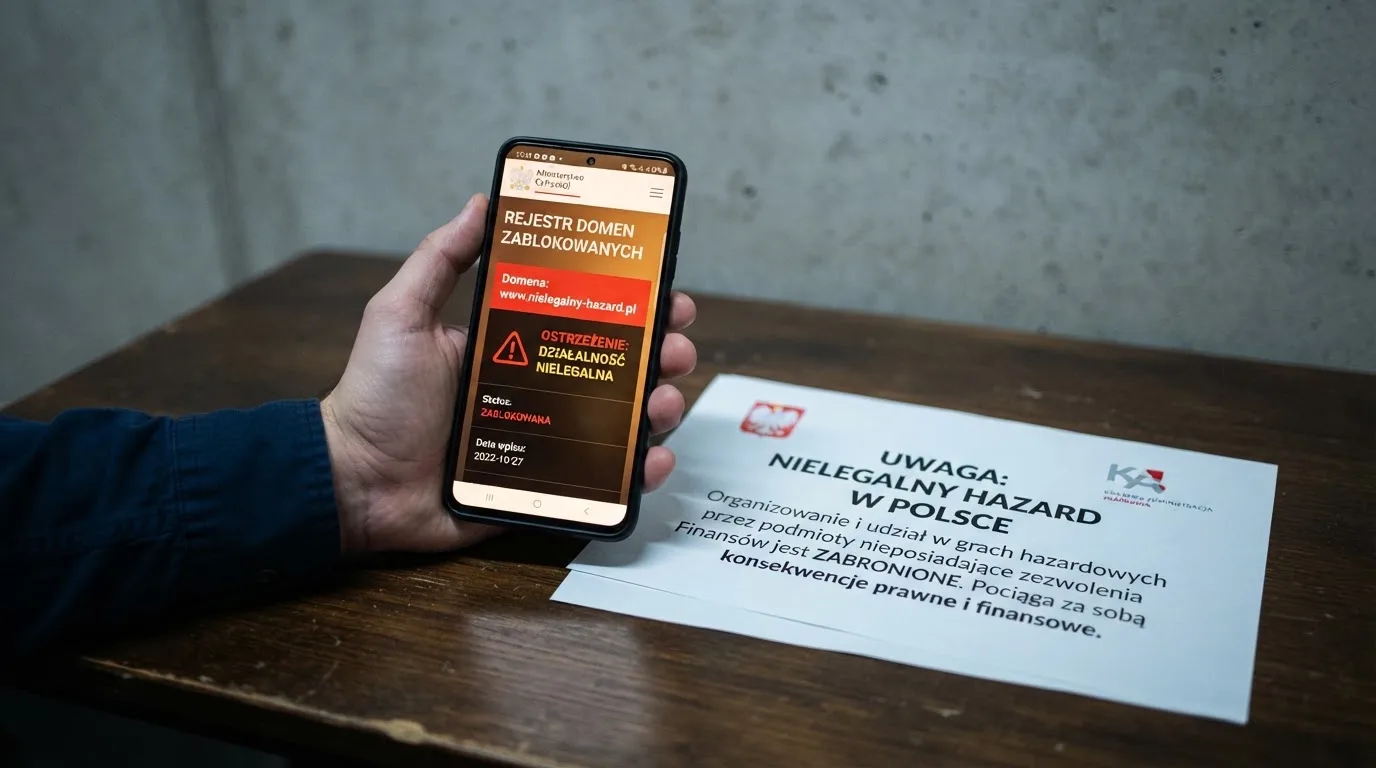 Ekran telefonu z otwartą wyszukiwarką rejestru domen Ministerstwa Finansów obok wydrukowanego komunikatu ostrzegawczego o nielegalnych kasynach